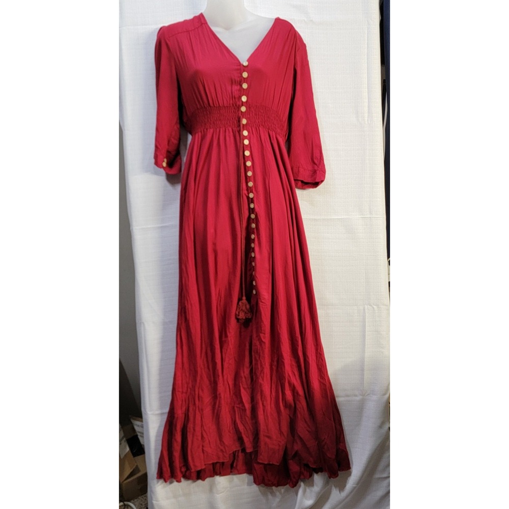 Vintage Boho Red Button-Down Maxi Dress with Quarter Sleeves - Medium